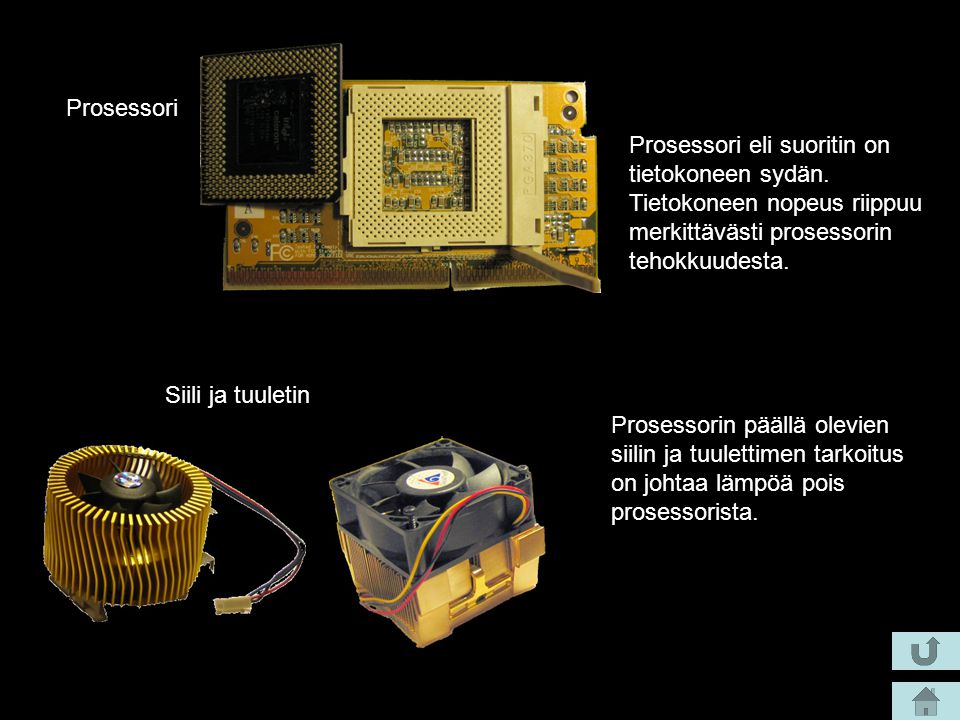 Prosessori Prosessori eli suoritin on tietokoneen sydän. Tietokoneen nopeus riippuu merkittävästi prosessorin tehokkuudesta.
