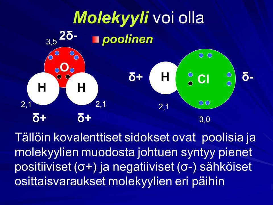 Molekyyli voi olla 2δ- poolinen O δ+ H δ- Cl H H δ+ δ+