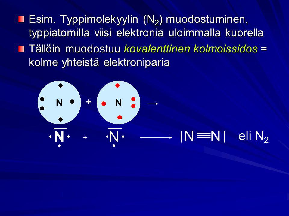 Esim. Typpimolekyylin (N2) muodostuminen, typpiatomilla viisi elektronia uloimmalla kuorella