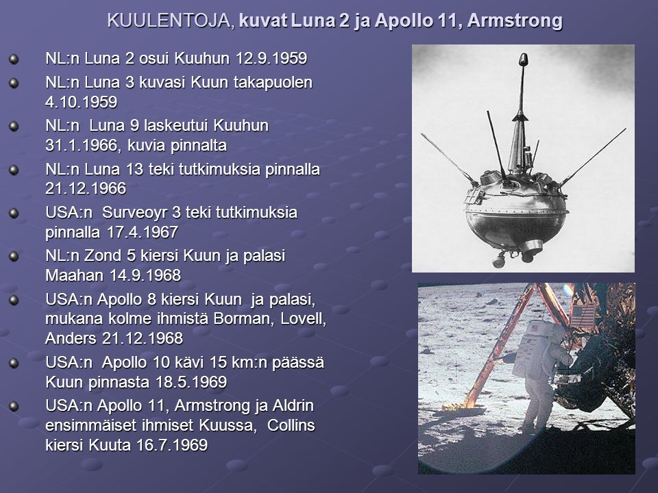 KUULENTOJA, kuvat Luna 2 ja Apollo 11, Armstrong