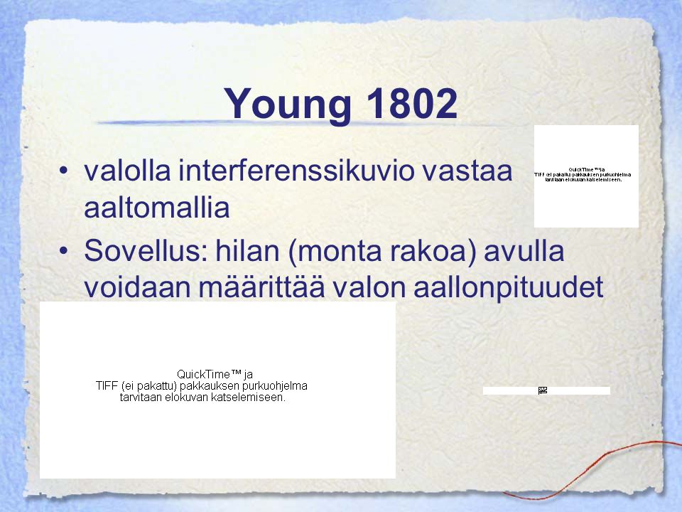 Young 1802 valolla interferenssikuvio vastaa aaltomallia