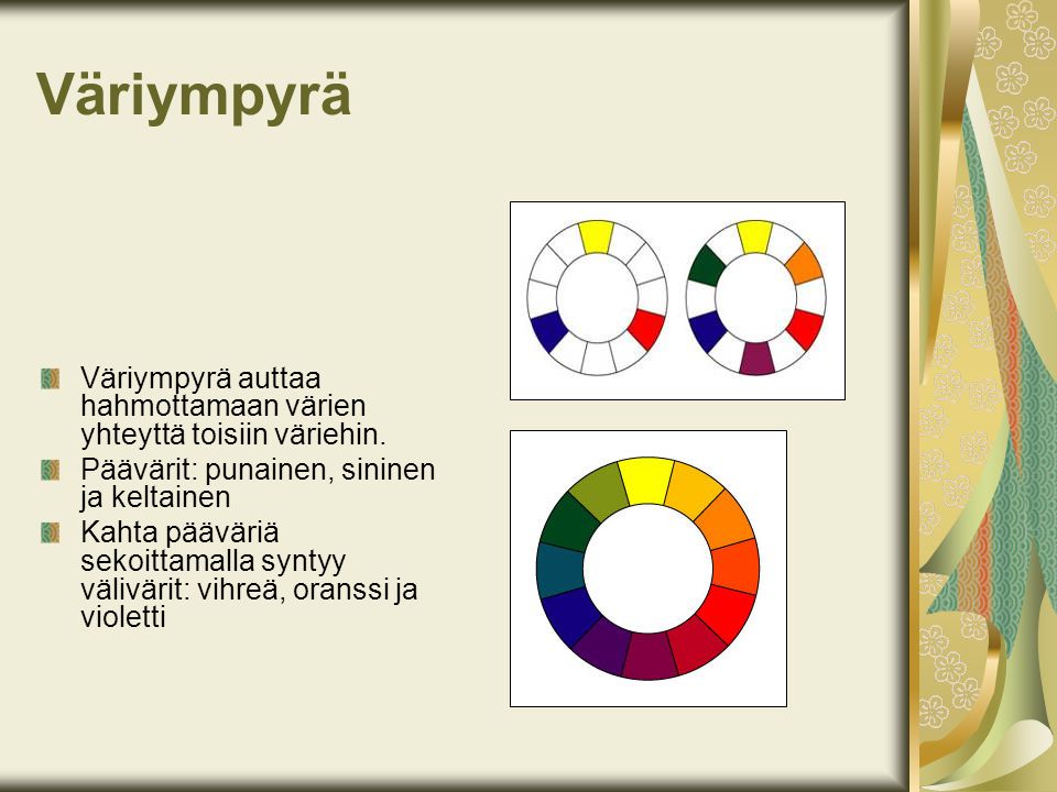 Väriympyrä Väriympyrä auttaa hahmottamaan värien yhteyttä toisiin väriehin. Päävärit: punainen, sininen ja keltainen.