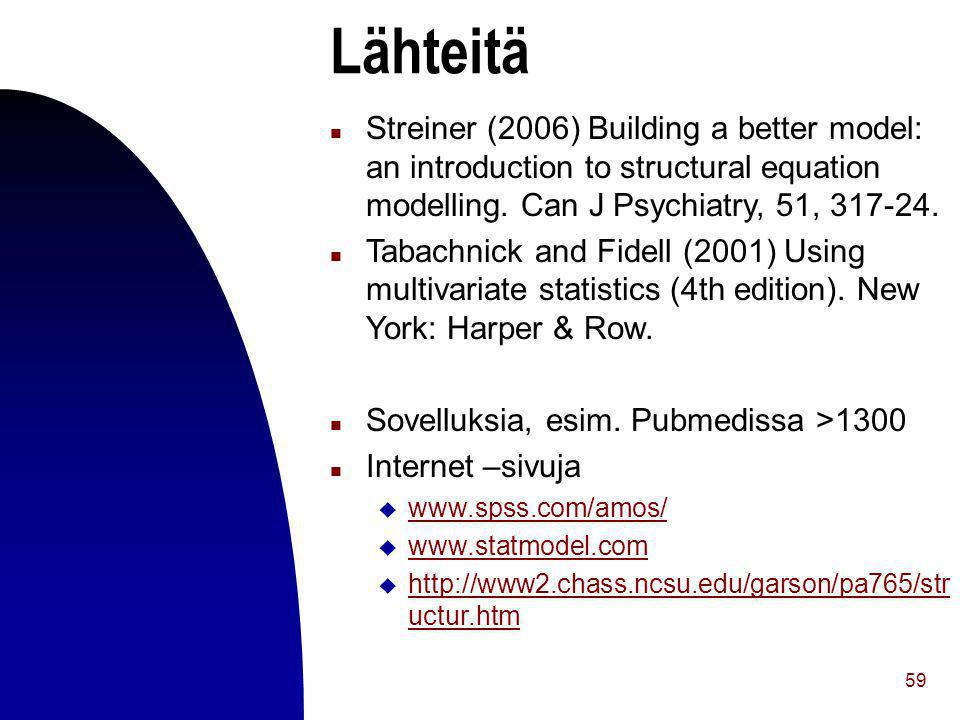 Lähteitä Streiner (2006) Building a better model: an introduction to structural equation modelling. Can J Psychiatry, 51,