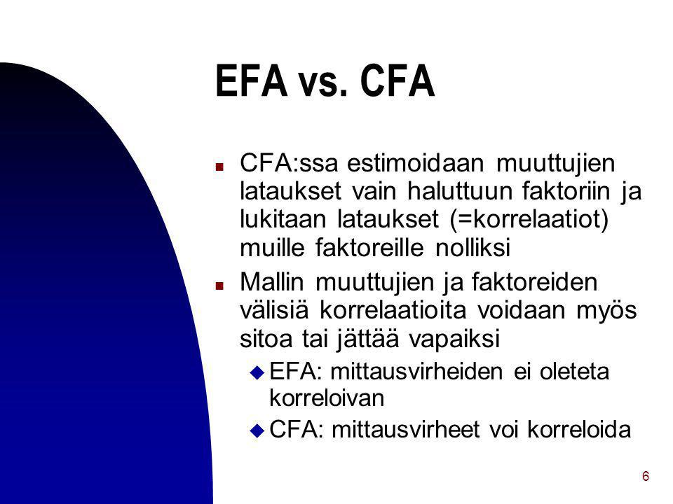 EFA vs. CFA CFA:ssa estimoidaan muuttujien lataukset vain haluttuun faktoriin ja lukitaan lataukset (=korrelaatiot) muille faktoreille nolliksi.