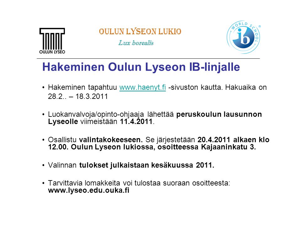 Hakeminen Oulun Lyseon IB-linjalle