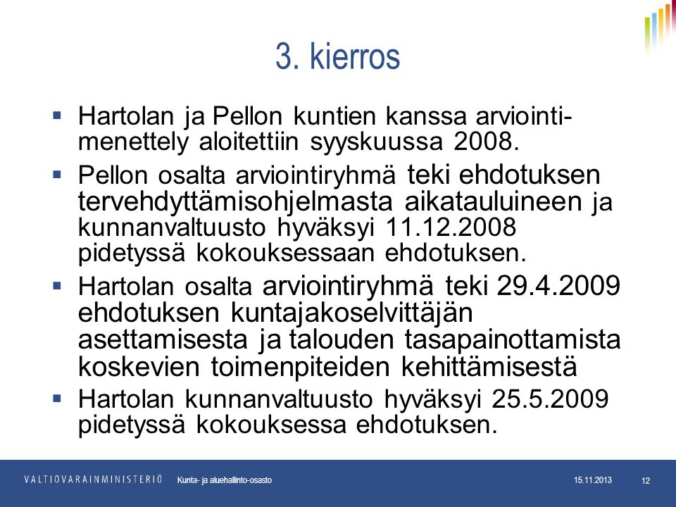 3. kierros Hartolan ja Pellon kuntien kanssa arviointi-menettely aloitettiin syyskuussa