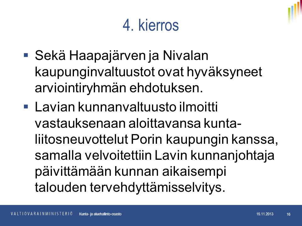 4. kierros Sekä Haapajärven ja Nivalan kaupunginvaltuustot ovat hyväksyneet arviointiryhmän ehdotuksen.