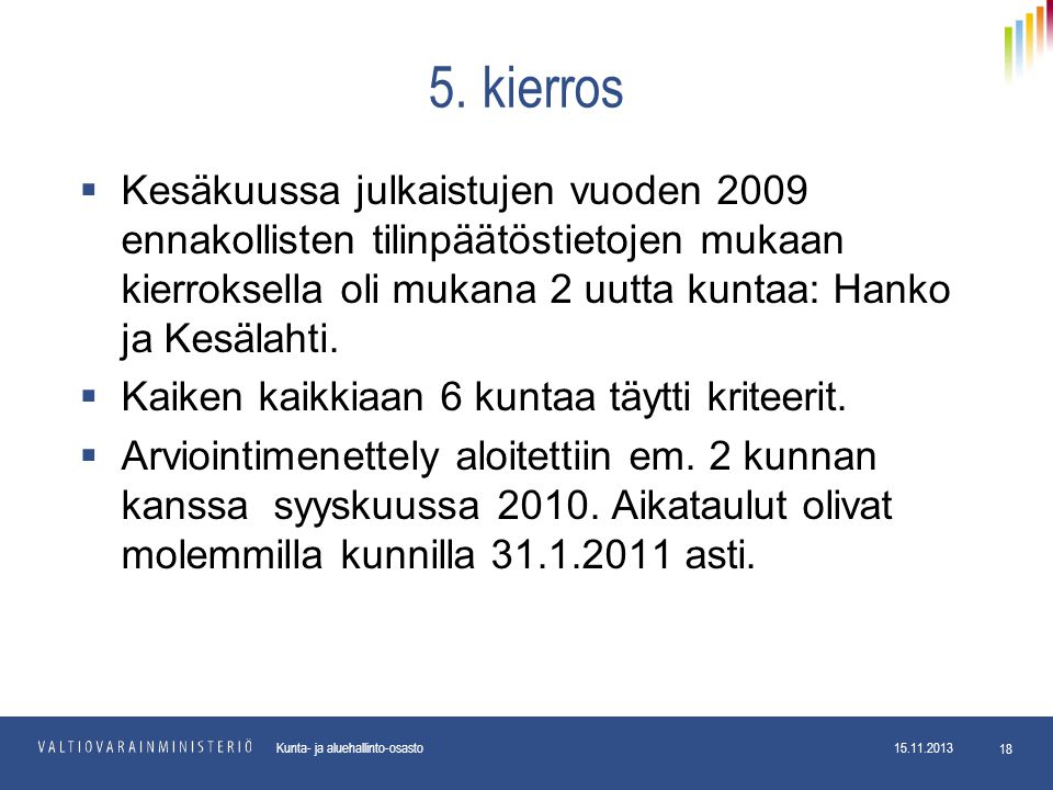5. kierros Kesäkuussa julkaistujen vuoden 2009 ennakollisten tilinpäätöstietojen mukaan kierroksella oli mukana 2 uutta kuntaa: Hanko ja Kesälahti.