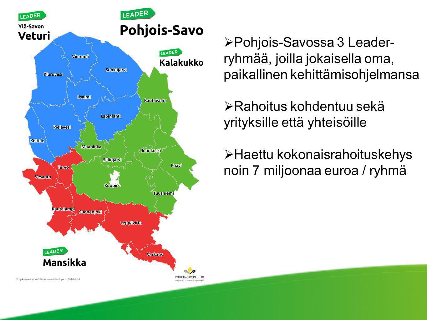 Pohjois-Savossa 3 Leader-ryhmää, joilla jokaisella oma, paikallinen kehittämisohjelmansa