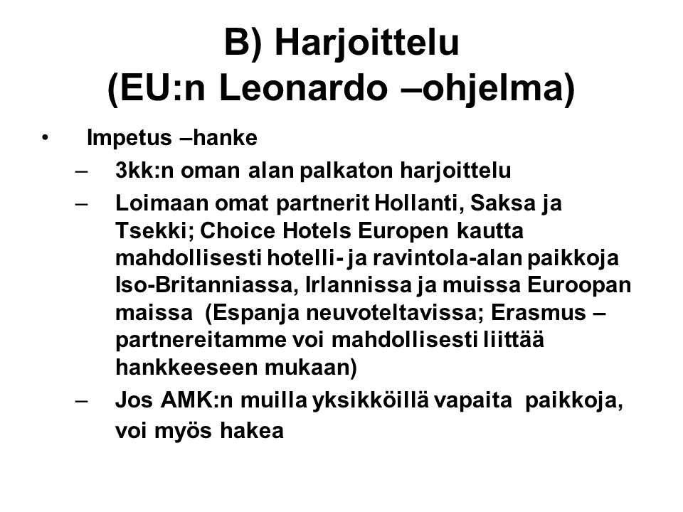 B) Harjoittelu (EU:n Leonardo –ohjelma)