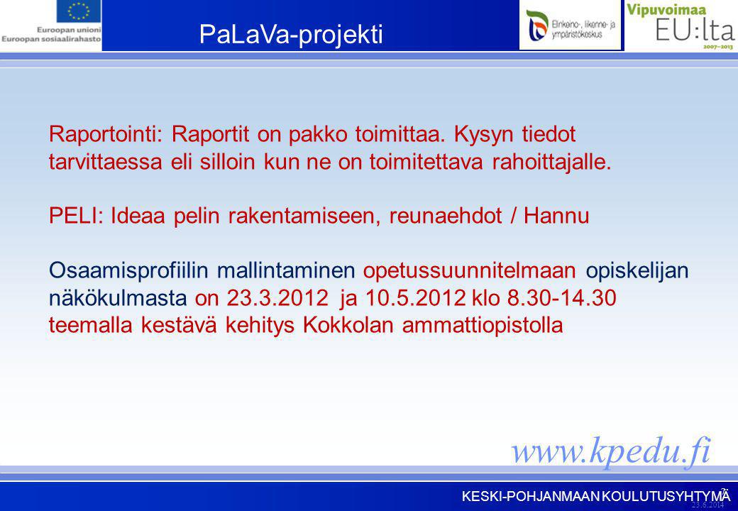 PaLaVa-projekti Raportointi: Raportit on pakko toimittaa. Kysyn tiedot tarvittaessa eli silloin kun ne on toimitettava rahoittajalle.