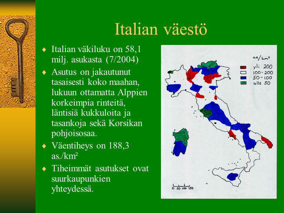 Italian väestö Italian väkiluku on 58,1 milj. asukasta (7/2004)