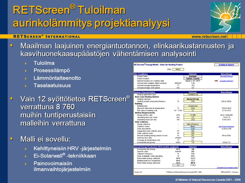 RETScreen® Tuloilman aurinkolämmitys projektianalyysi