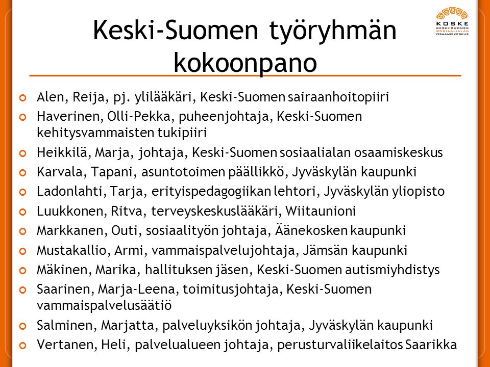 Keski-Suomen työryhmän kokoonpano
