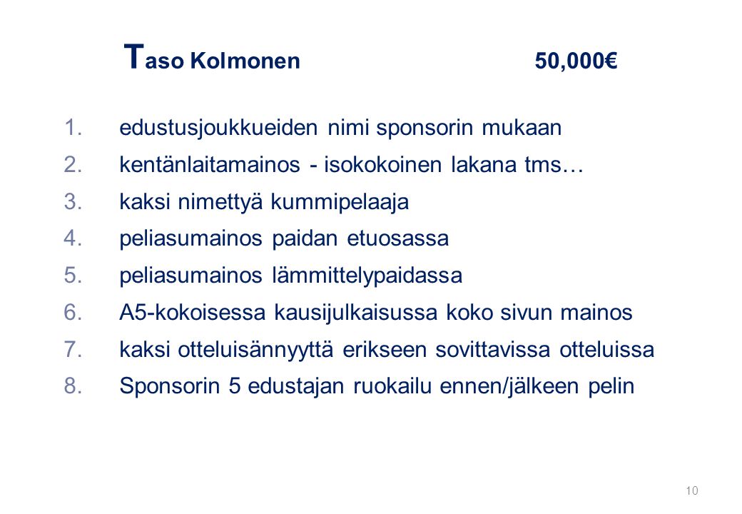Taso Kolmonen 50,000€ edustusjoukkueiden nimi sponsorin mukaan