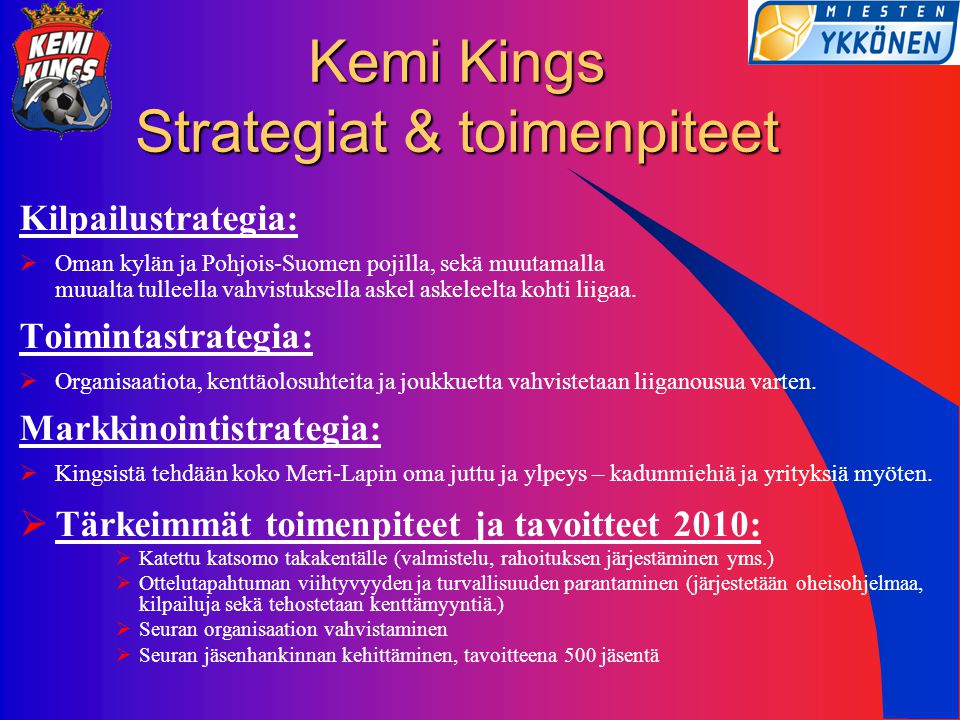 Kemi Kings Strategiat & toimenpiteet