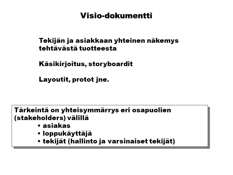 Visio-dokumentti Tekijän ja asiakkaan yhteinen näkemys tehtävästä tuotteesta. Käsikirjoitus, storyboardit.