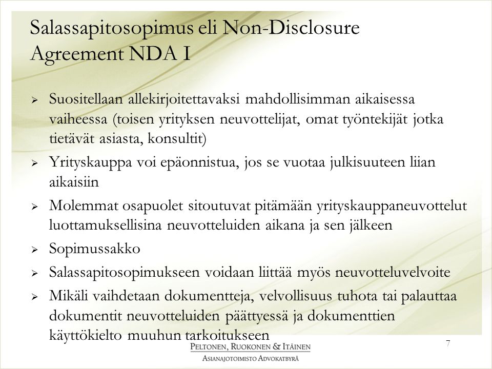 Salassapitosopimus eli Non-Disclosure Agreement NDA I