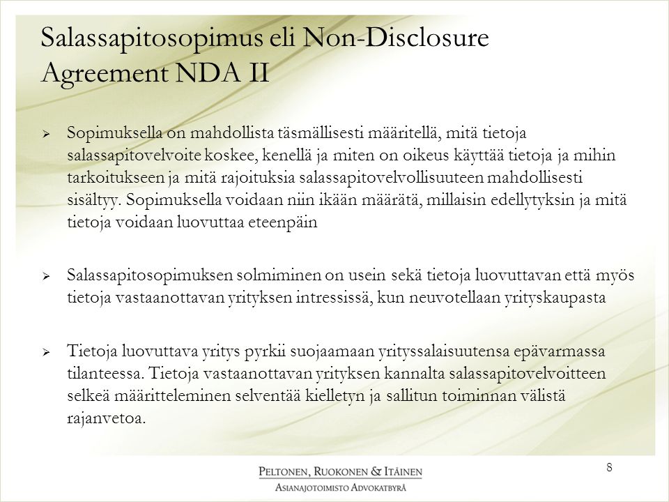 Salassapitosopimus eli Non-Disclosure Agreement NDA II