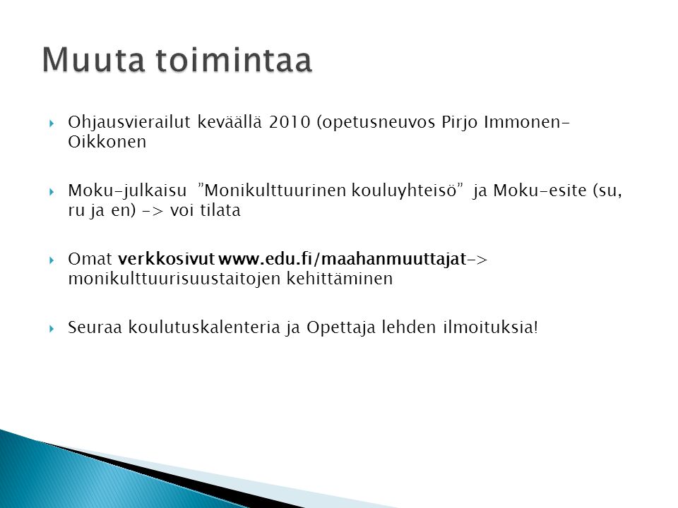Muuta toimintaa Ohjausvierailut keväällä 2010 (opetusneuvos Pirjo Immonen- Oikkonen.