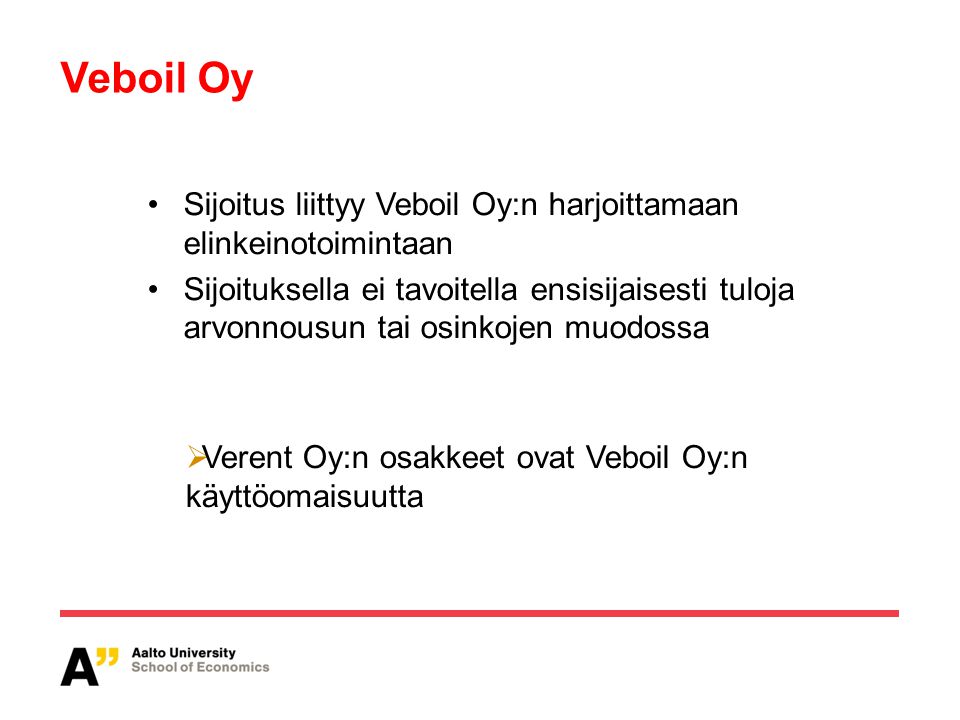 Veboil Oy Sijoitus liittyy Veboil Oy:n harjoittamaan elinkeinotoimintaan.