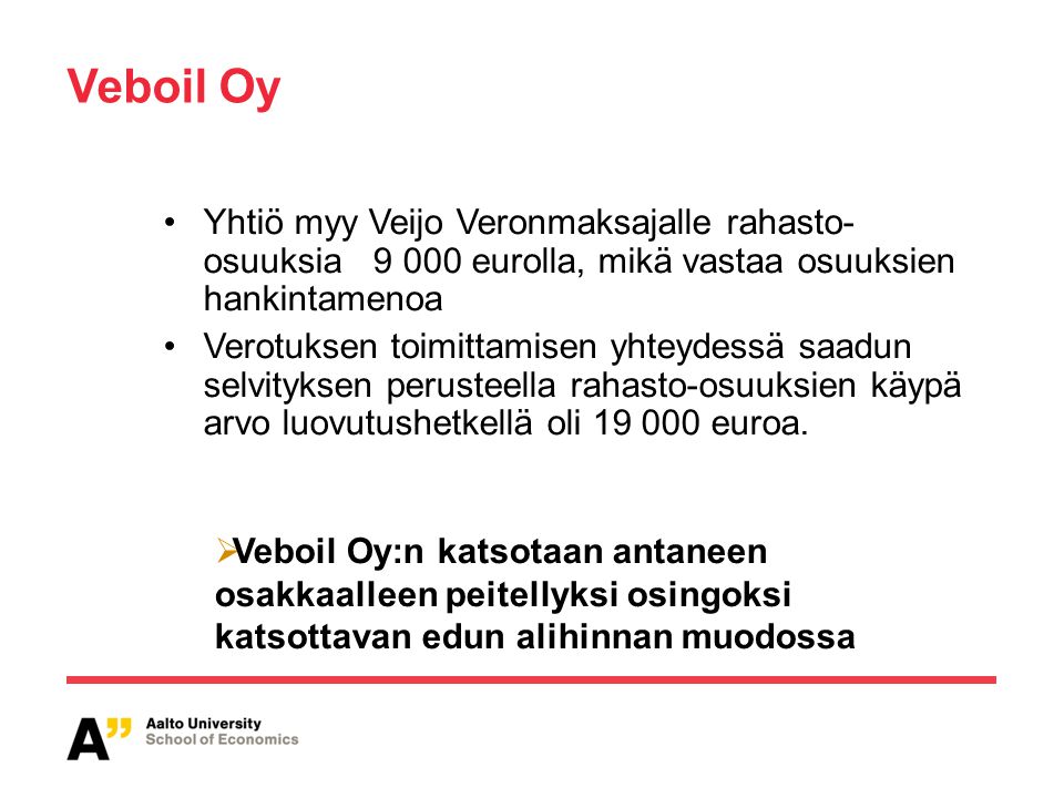 Veboil Oy Yhtiö myy Veijo Veronmaksajalle rahasto- osuuksia eurolla, mikä vastaa osuuksien hankintamenoa.