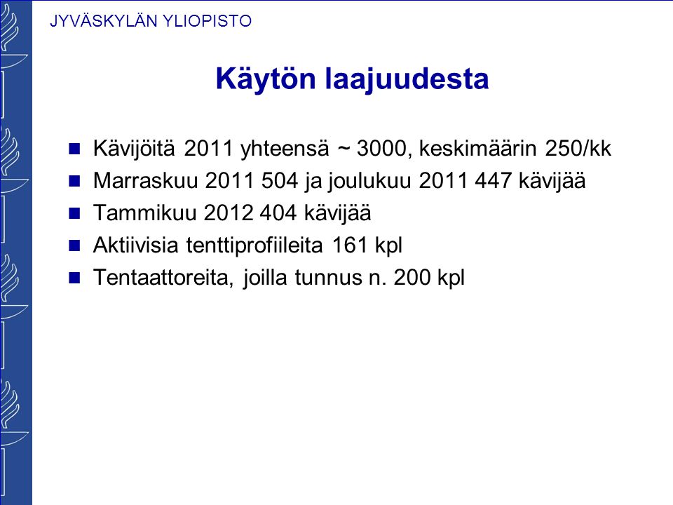 Käytön laajuudesta Kävijöitä 2011 yhteensä ~ 3000, keskimäärin 250/kk