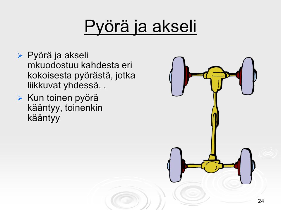 Pyörä ja akseli Pyörä ja akseli mkuodostuu kahdesta eri kokoisesta pyörästä, jotka liikkuvat yhdessä. .