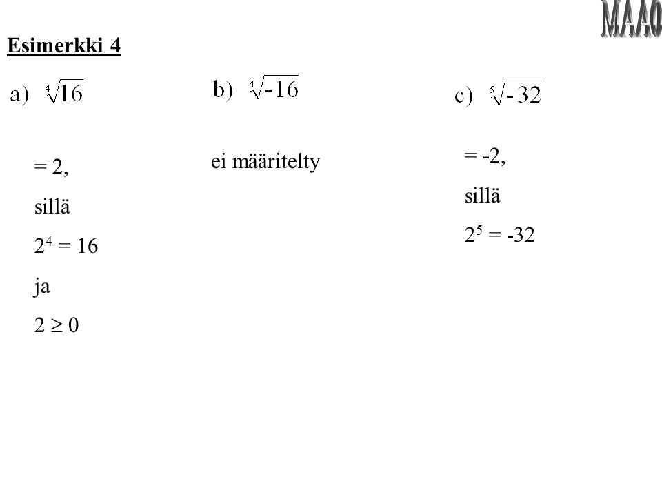 MAA0 Esimerkki 4 = -2, ei määritelty = 2, sillä sillä 25 = = 16