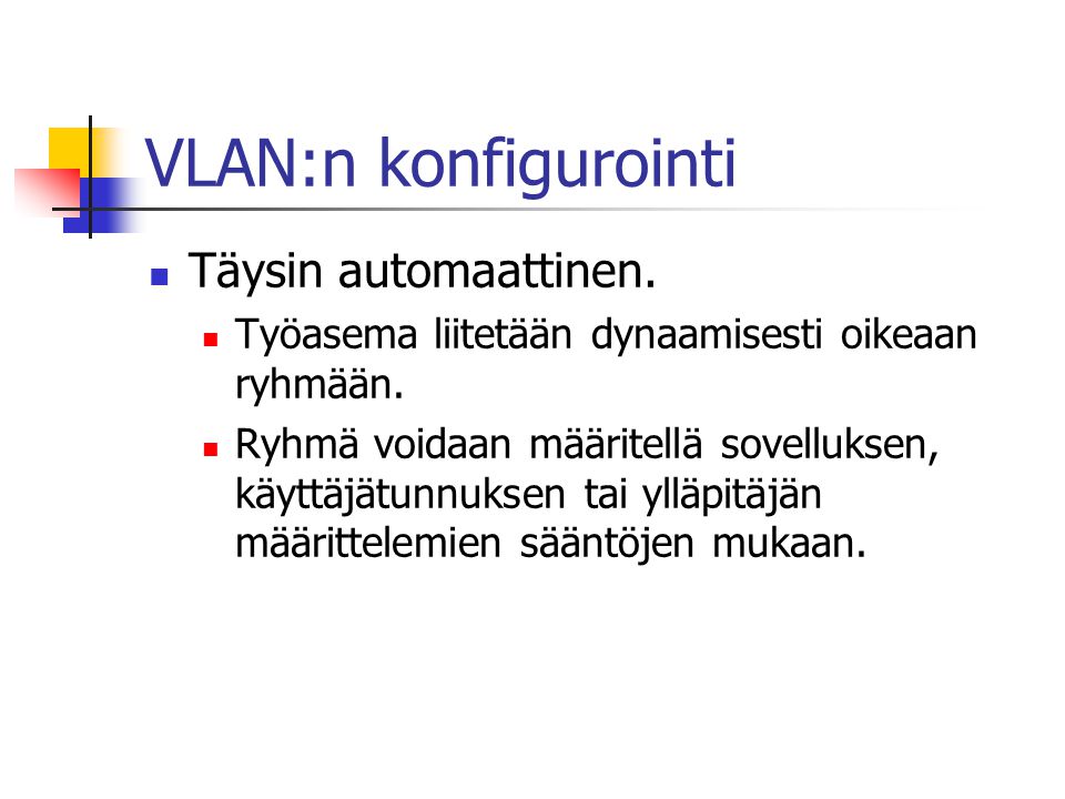 VLAN:n konfigurointi Täysin automaattinen.