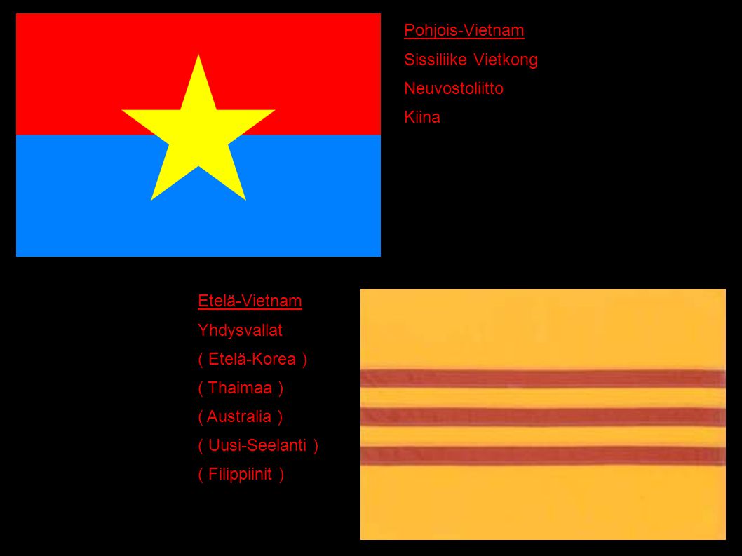 Pohjois-Vietnam Sissiliike Vietkong. Neuvostoliitto. Kiina. Etelä-Vietnam. Yhdysvallat. ( Etelä-Korea )