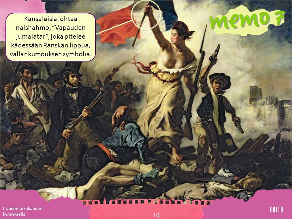 Kansalaisia johtaa naishahmo, Vapauden jumalatar , joka pitelee kädessään Ranskan lippua, vallankumouksen symbolia.