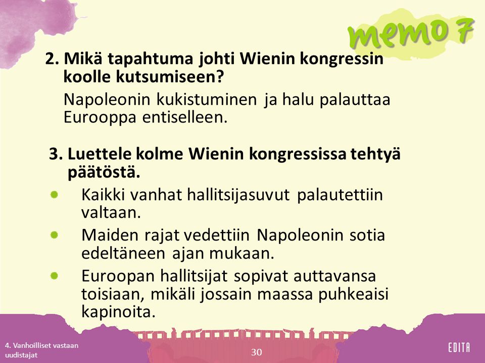 3. Luettele kolme Wienin kongressissa tehtyä päätöstä.