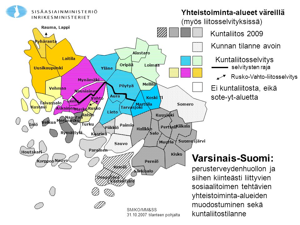 Varsinais-Suomi: Yhteistoiminta-alueet väreillä