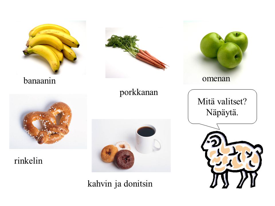omenan banaanin porkkanan Mitä valitset Näpäytä. rinkelin kahvin ja donitsin