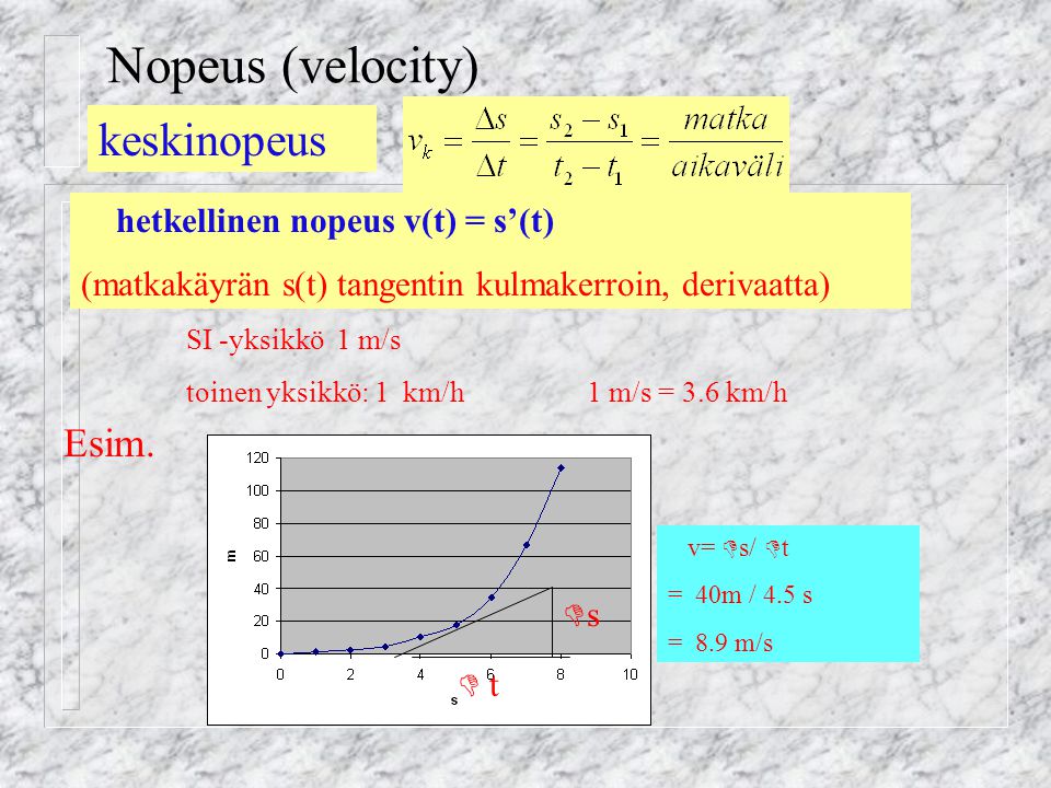 Nopeus (velocity) keskinopeus Esim. hetkellinen nopeus v(t) = s’(t)