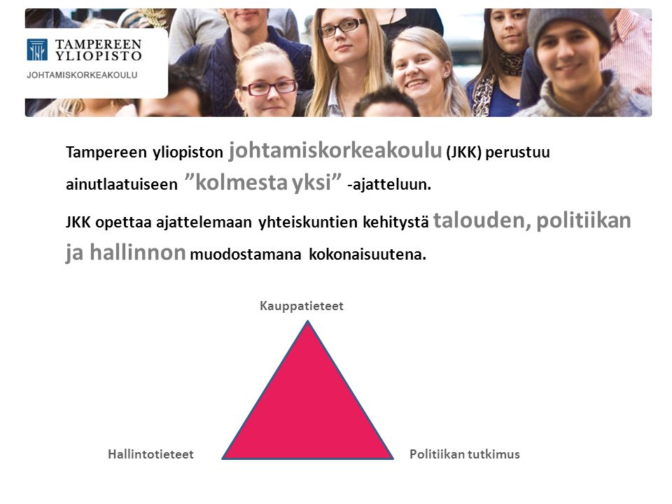 Tampereen yliopiston johtamiskorkeakoulu (JKK) perustuu ainutlaatuiseen kolmesta yksi -ajatteluun.