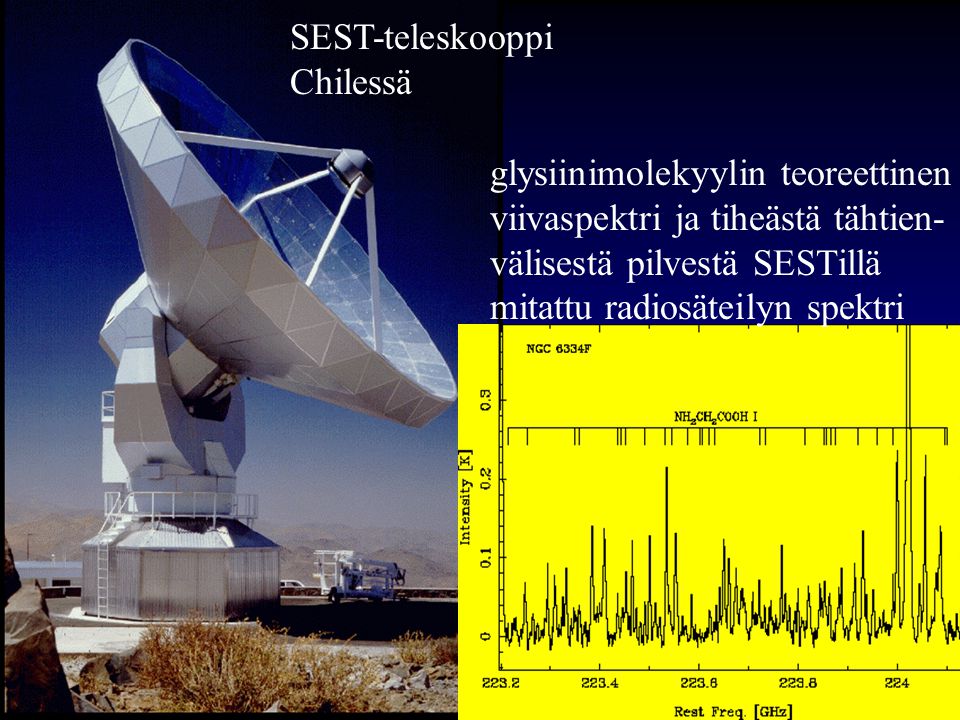 SEST-teleskooppi Chilessä. glysiinimolekyylin teoreettinen. viivaspektri ja tiheästä tähtien- välisestä pilvestä SESTillä.