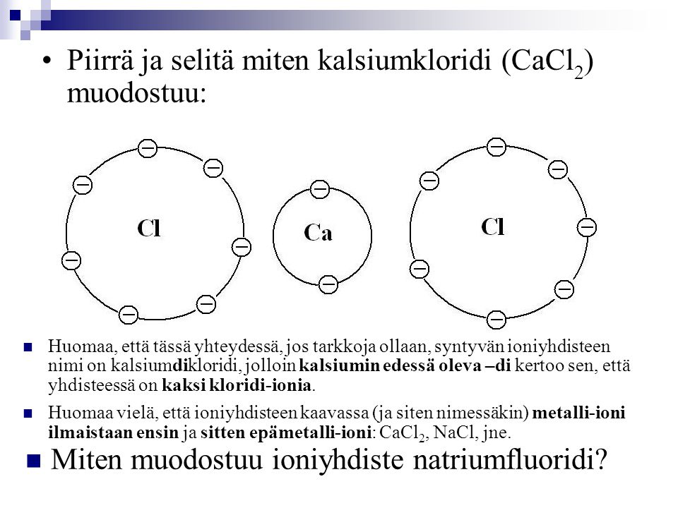 Piirrä ja selitä miten kalsiumkloridi (CaCl2) muodostuu: