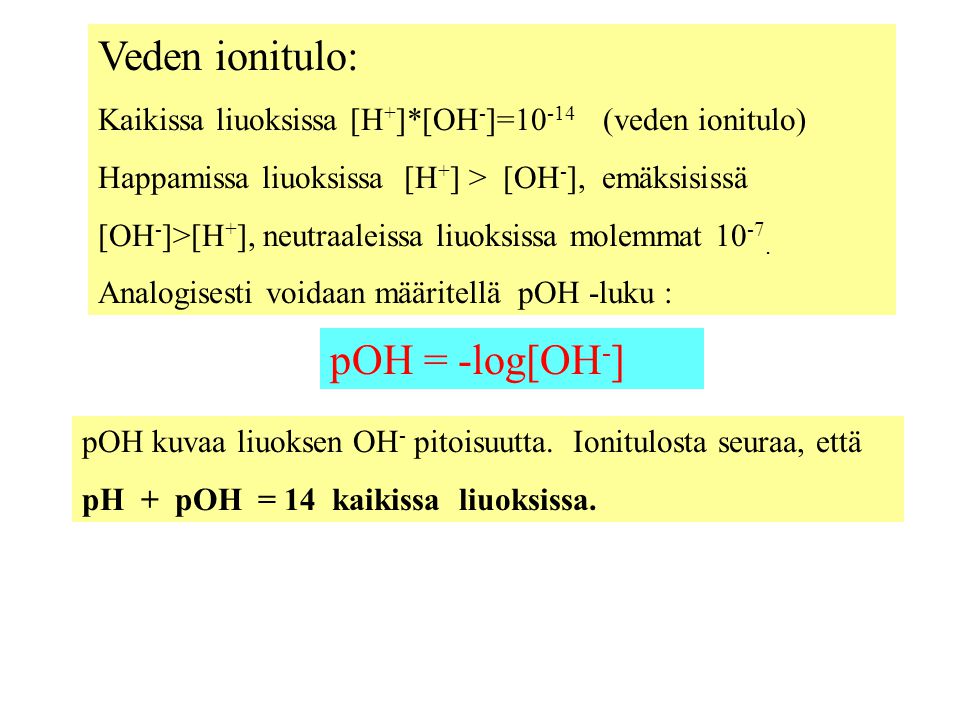 Veden ionitulo: pOH = -log[OH-]