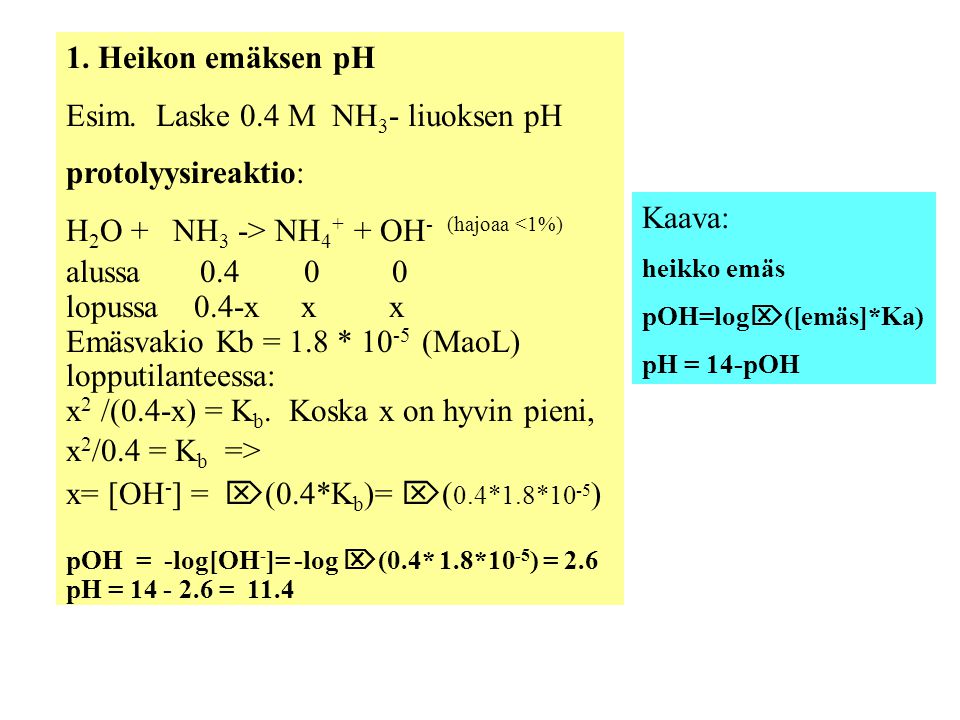 Esim. Laske 0.4 M NH3- liuoksen pH protolyysireaktio: