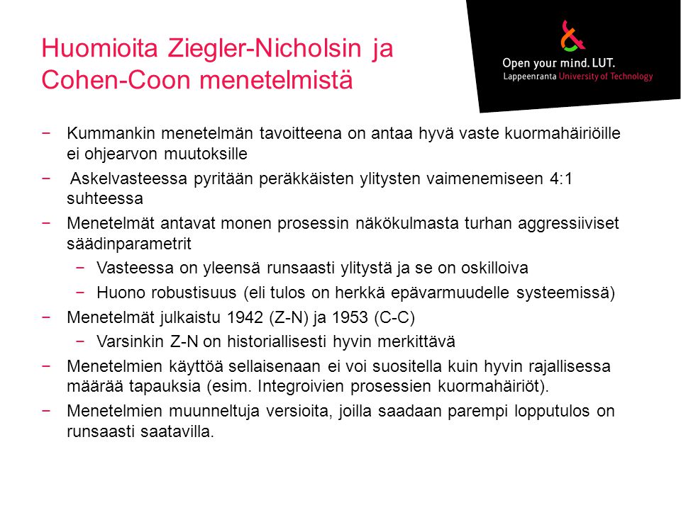 Huomioita Ziegler-Nicholsin ja Cohen-Coon menetelmistä