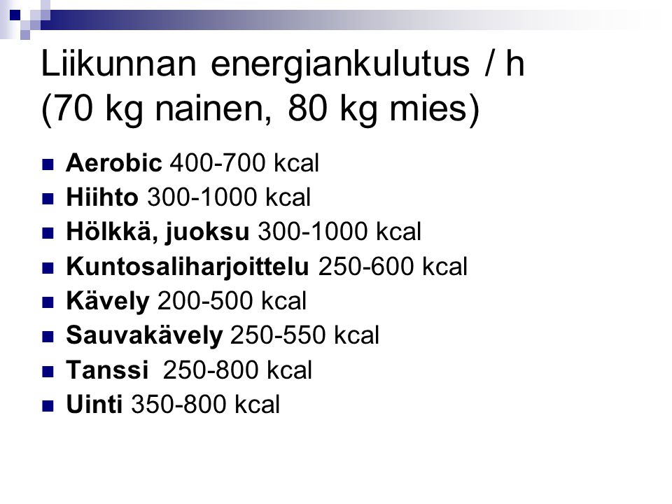 Liikunnan energiankulutus / h (70 kg nainen, 80 kg mies)