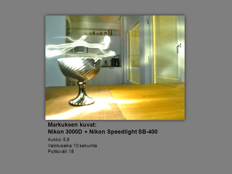Markuksen kuvat: Nikon 3000D + Nikon Speedlight SB-400