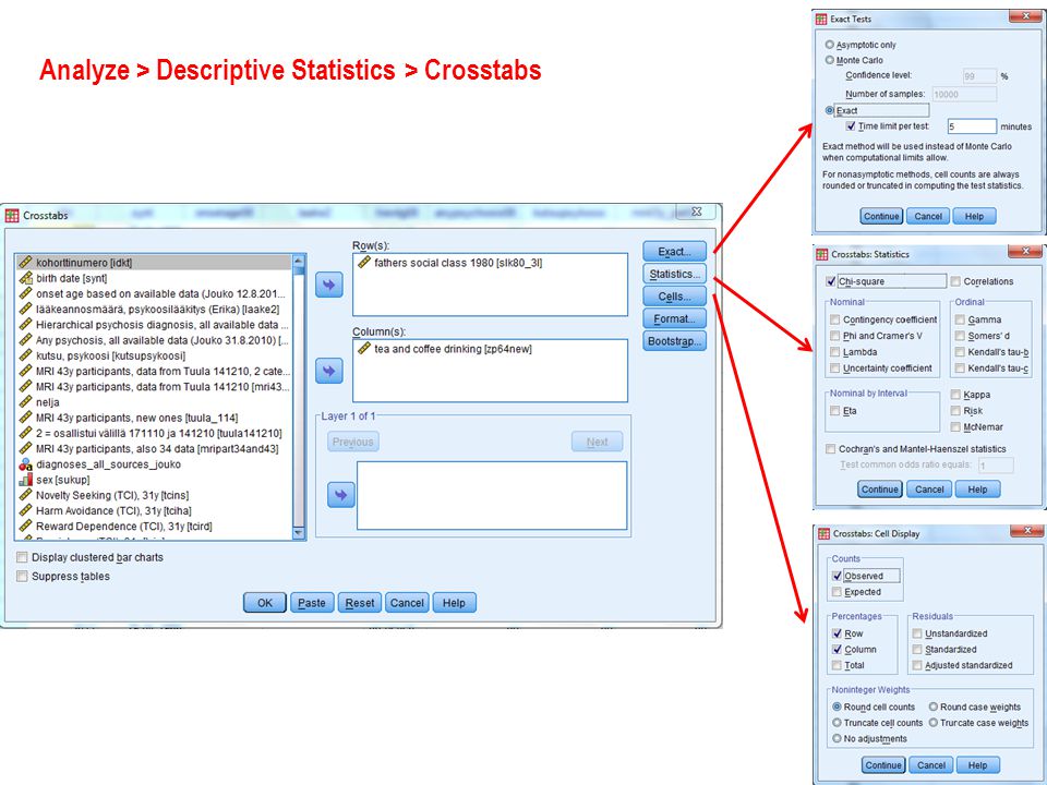 Analyze > Descriptive Statistics > Crosstabs