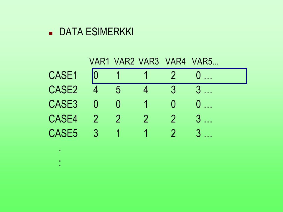 DATA ESIMERKKI VAR1 VAR2 VAR3 VAR4 VAR5... CASE …