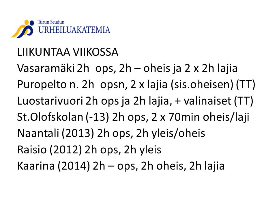 LIIKUNTAA VIIKOSSA Vasaramäki 2h ops, 2h – oheis ja 2 x 2h lajia Puropelto n.