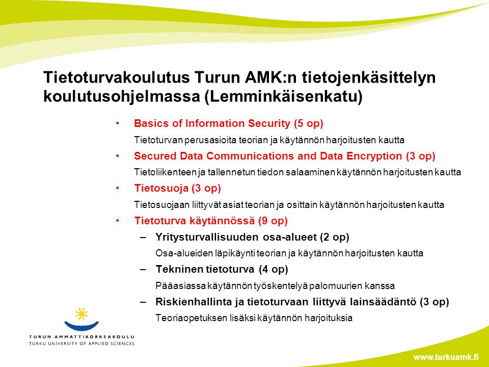 Tietoturvakoulutus Turun AMK:n tietojenkäsittelyn koulutusohjelmassa (Lemminkäisenkatu)