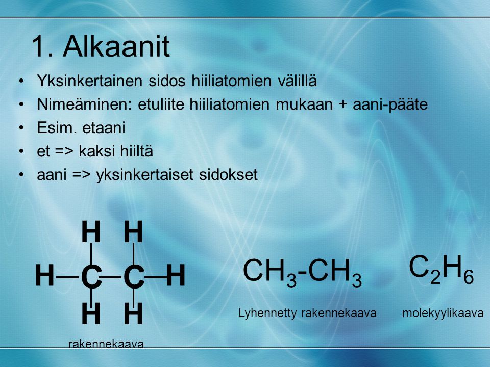 C 1. Alkaanit H C2H6 CH3-CH3 Yksinkertainen sidos hiiliatomien välillä