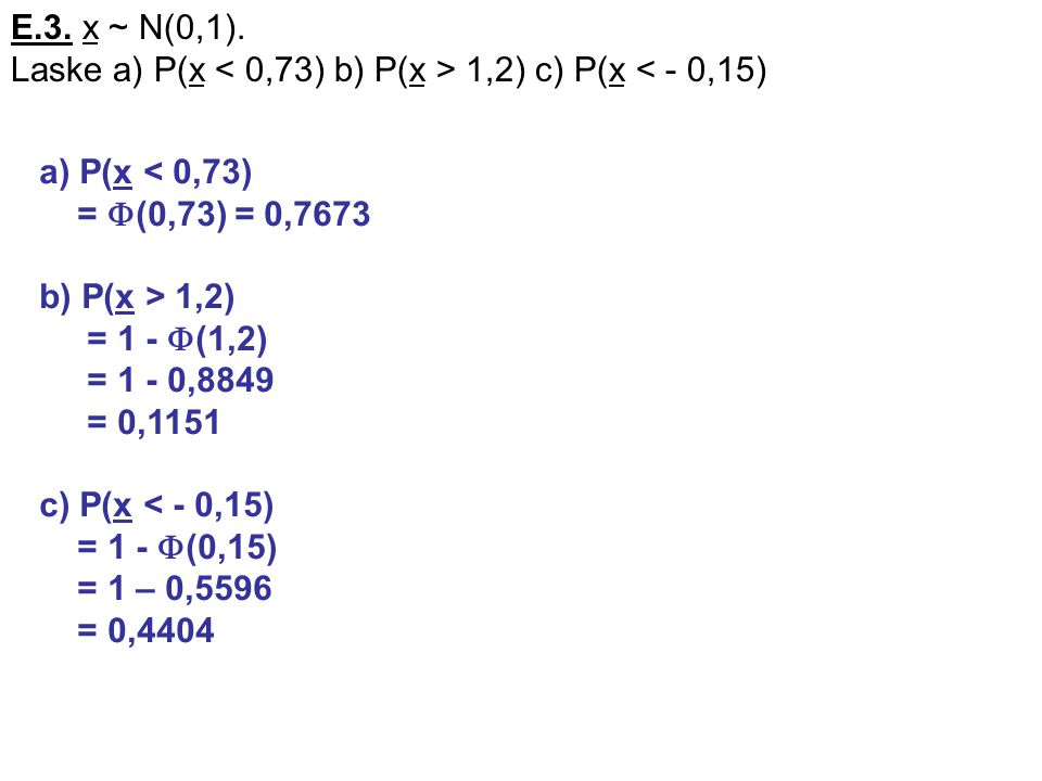 E.3. x ~ N(0,1). Laske a) P(x < 0,73) b) P(x > 1,2) c) P(x < - 0,15) a) P(x < 0,73) = (0,73) = 0,7673.